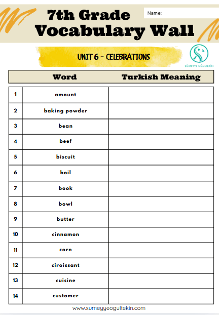 7th Grade - UNIT 6 Vocabulary Exercise English-Turkish